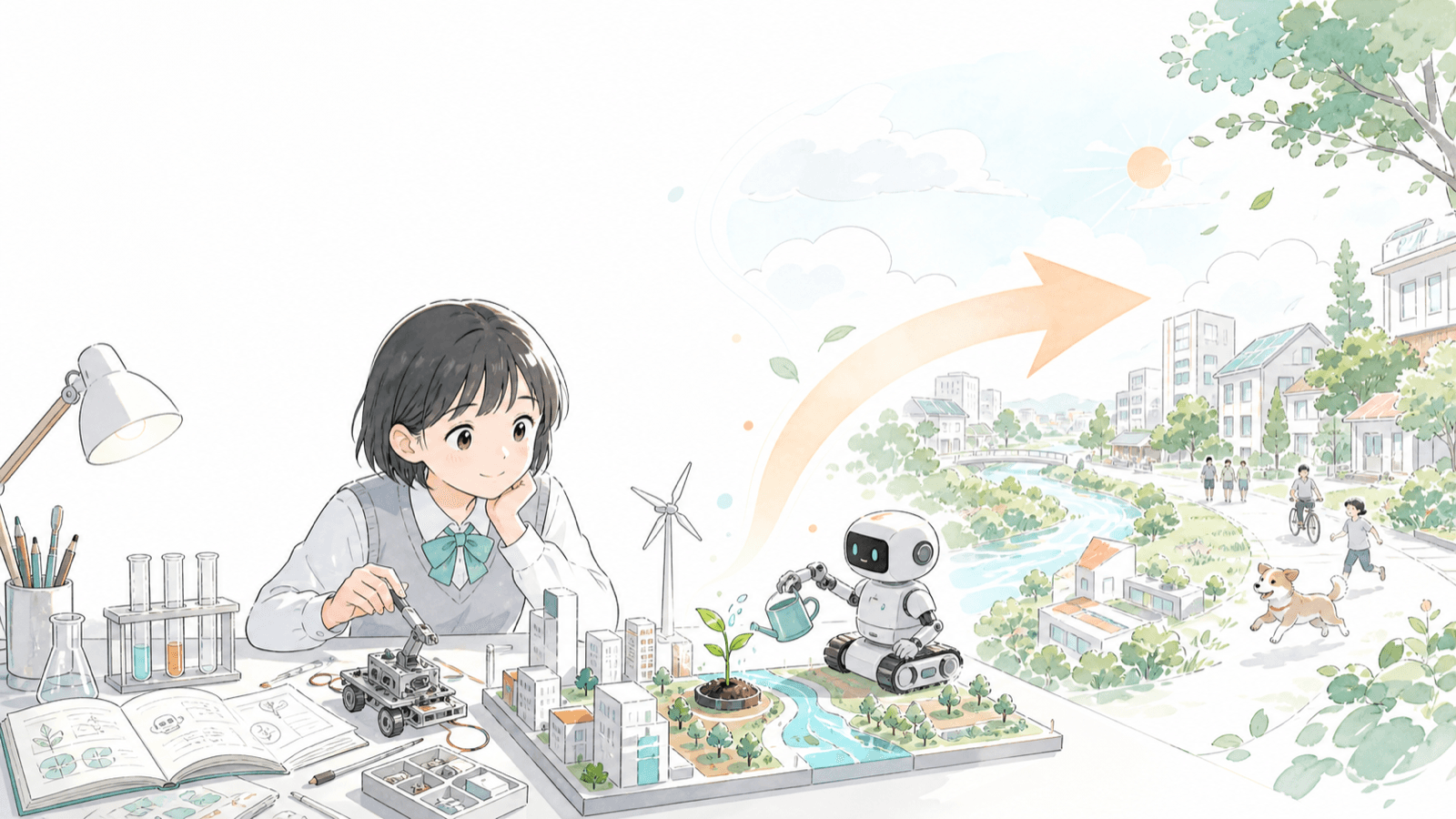 机の上の実験と、その先に広がる街を描いたイラスト