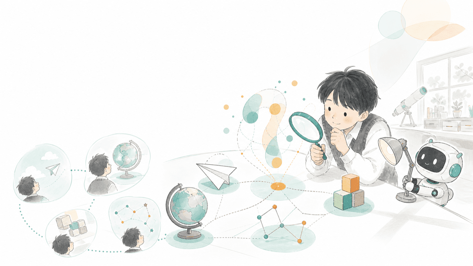 虫眼鏡を持つ子どもと、学びがつながるネットワークのイラスト